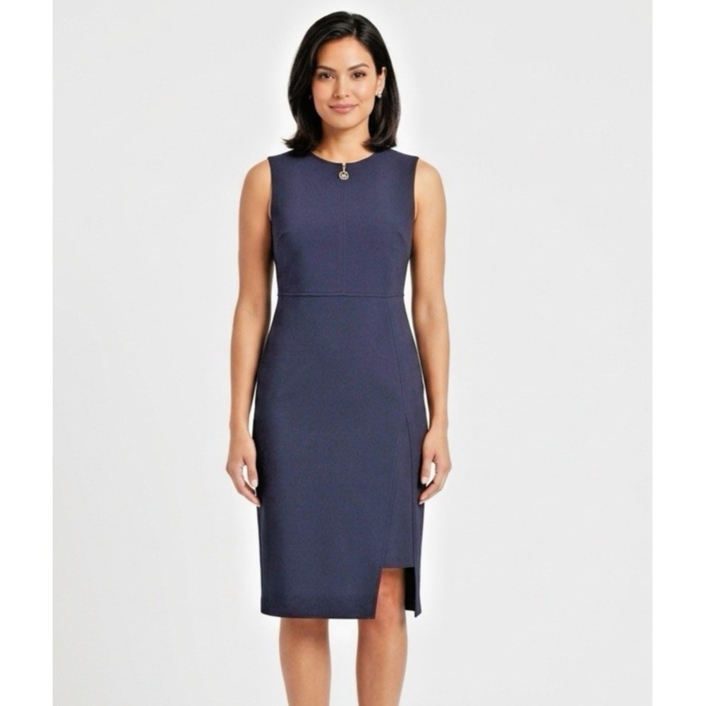 Tommy Hilfiger Sheath Dress Size 10 Dark Blue Sleeveless 1/2 Zip Tailored Career